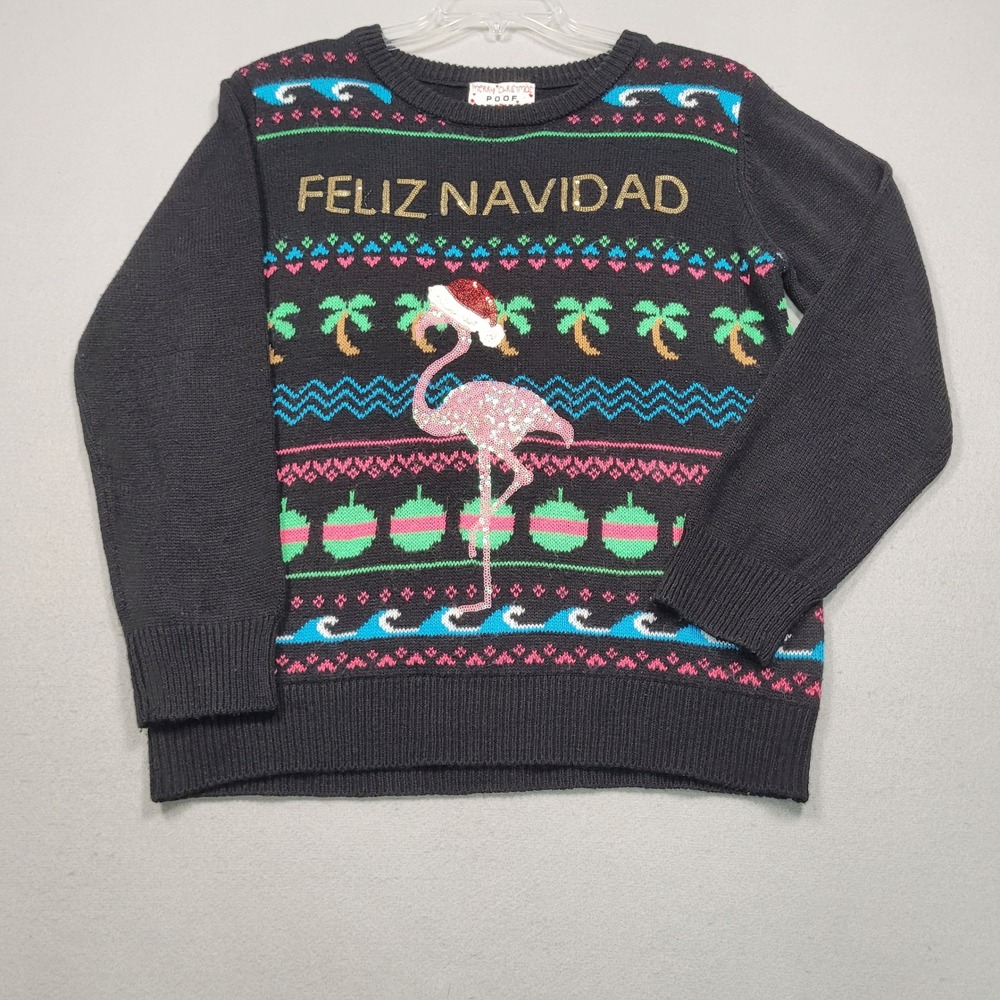 Poof New York Feliz Navidad Flamingo Ugly Christmas Sweater Black Medium